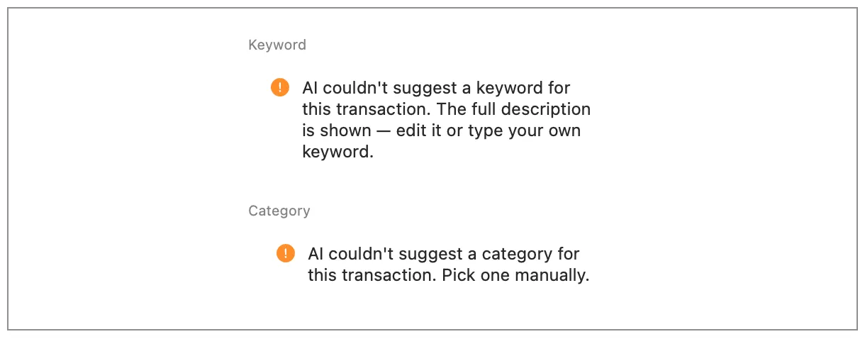 Popovers explaining that the AI could not suggest a keyword or a category