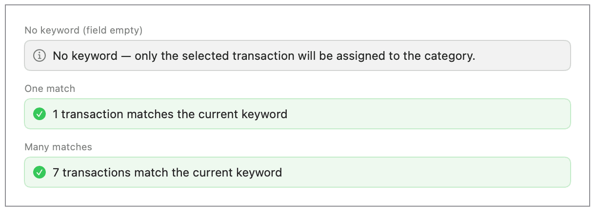 An info note when the keyword field is empty, and a green bar showing the match count when a keyword is entered