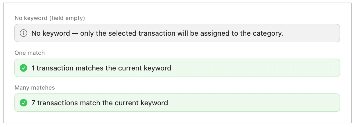 An info note when the keyword field is empty, and a green bar showing the match count when a keyword is entered