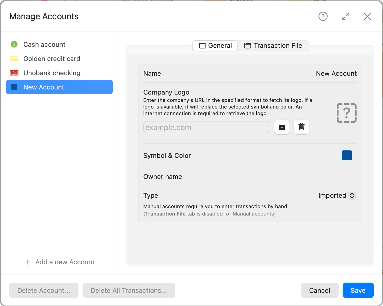 Add Account General Tab
