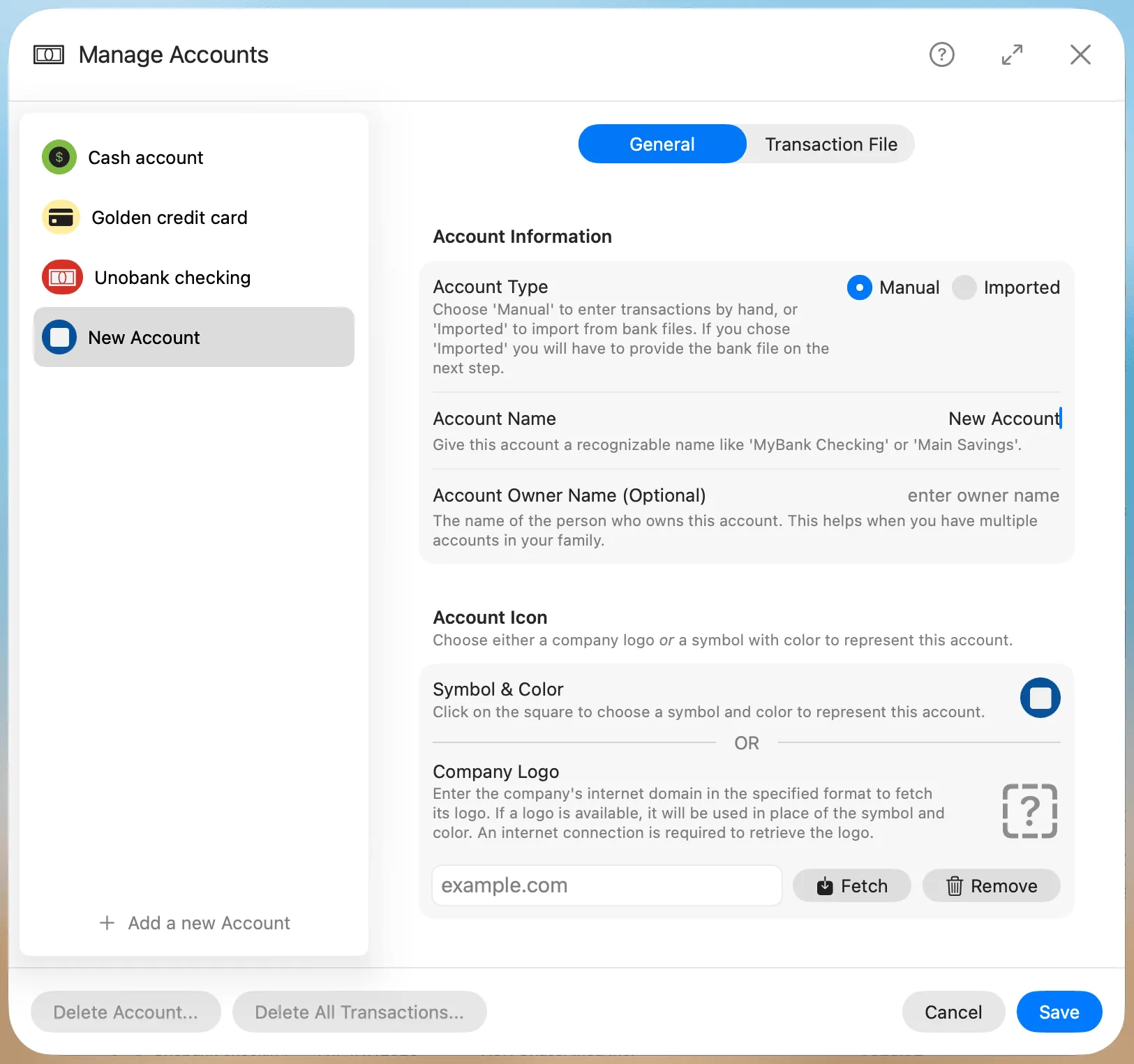 Add Account General Tab