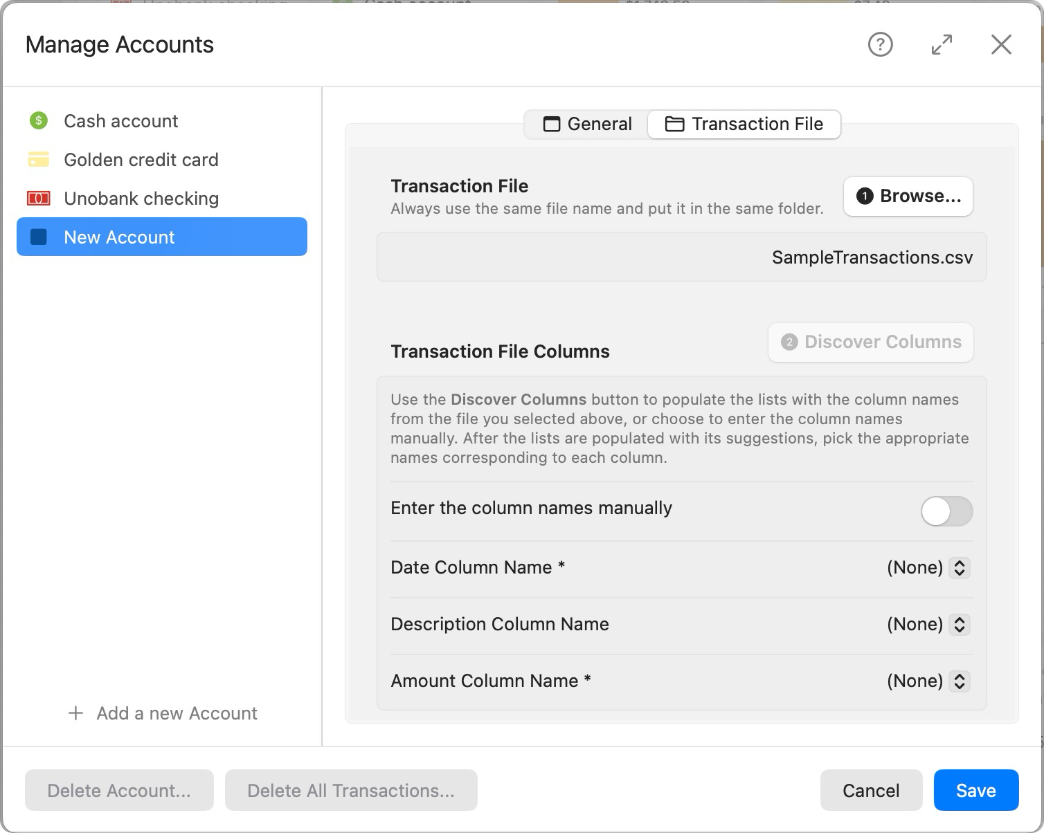 Add Account Transaction File Tab