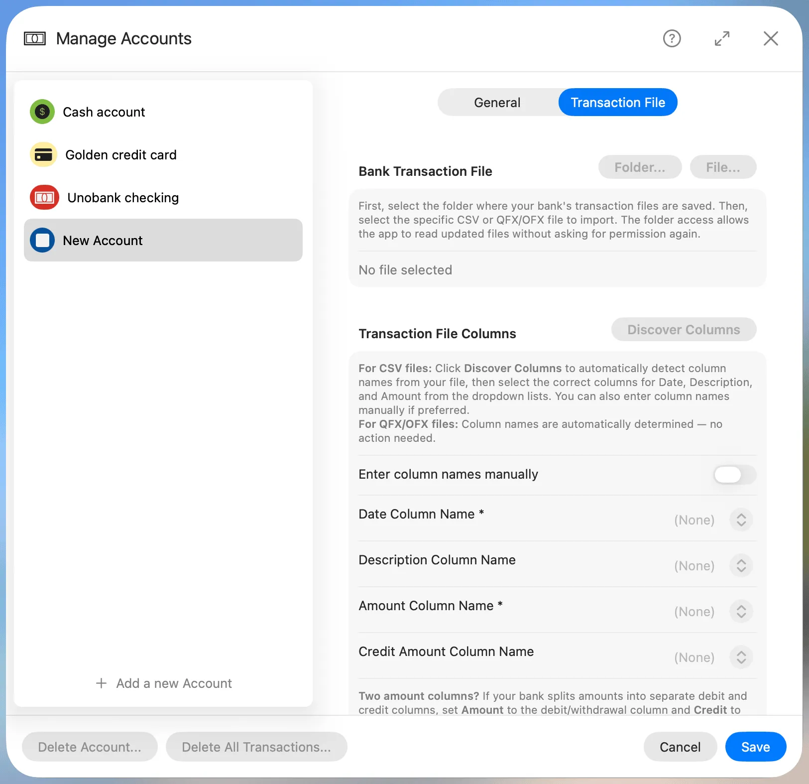 Add Account Transaction File Tab
