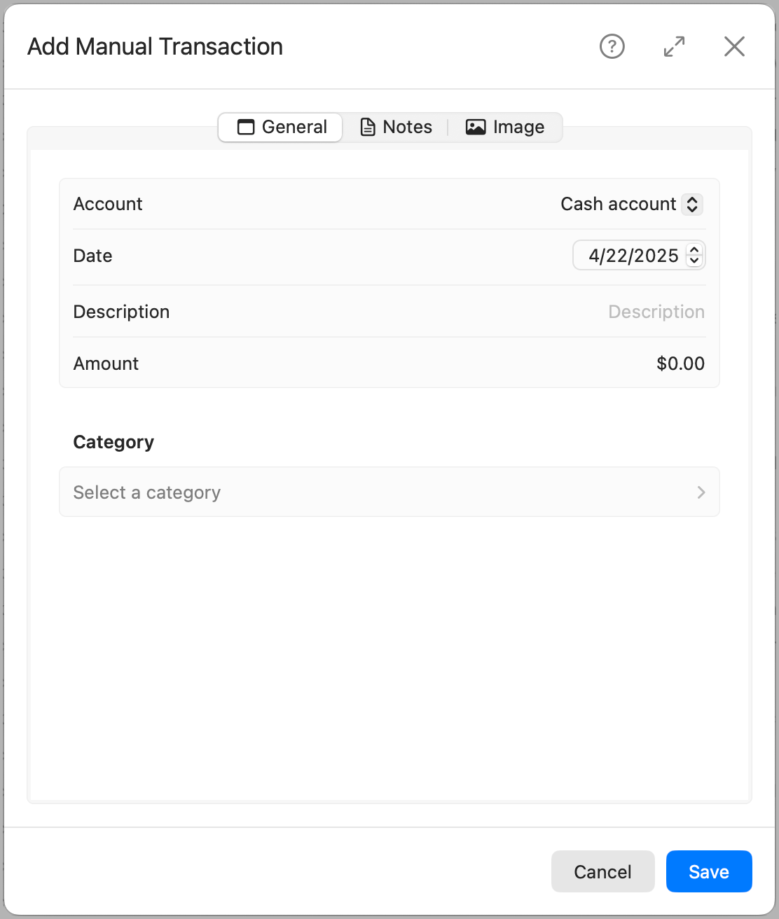 Add Manual Transaction General Tab
