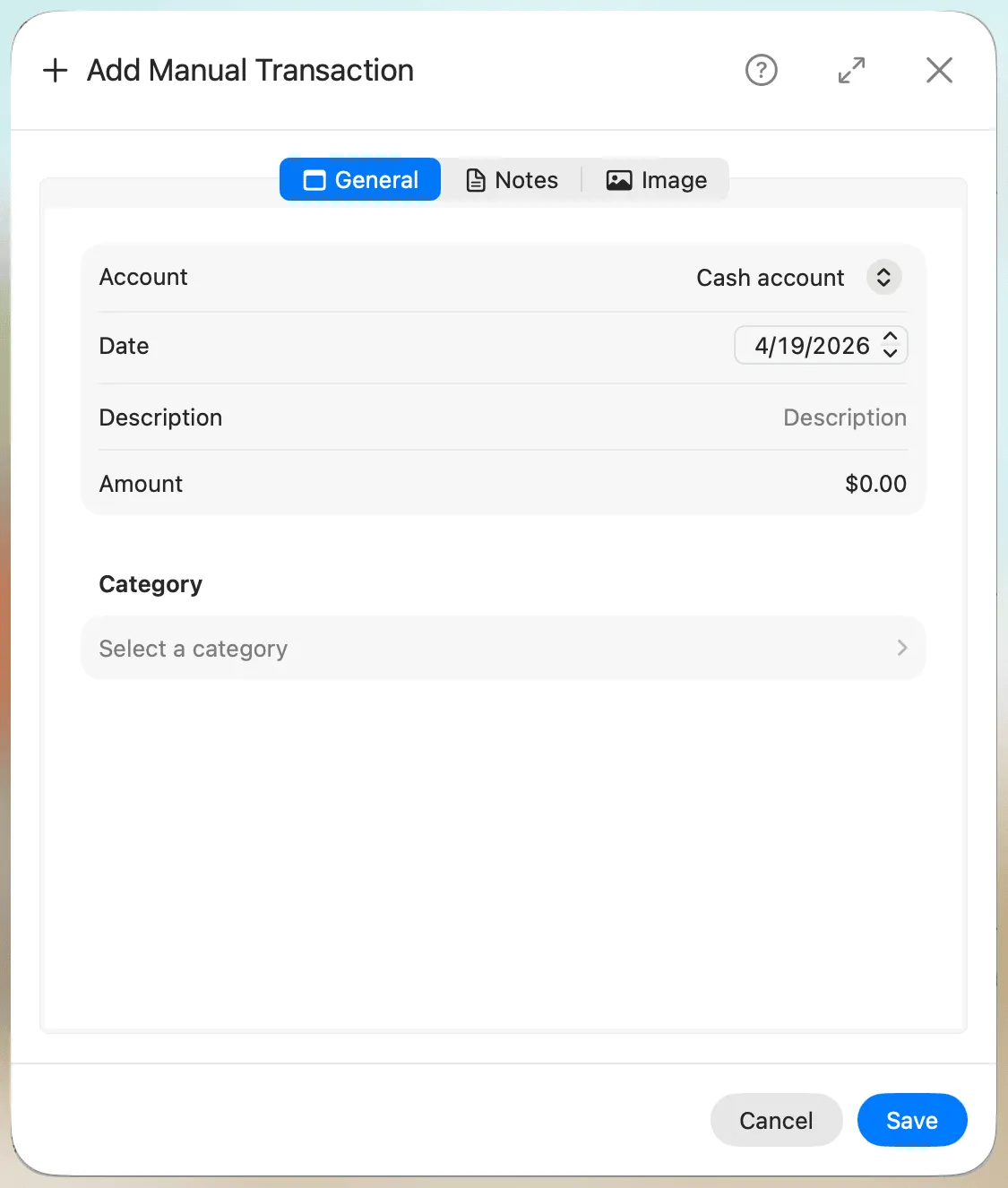 Add Manual Transaction General Tab