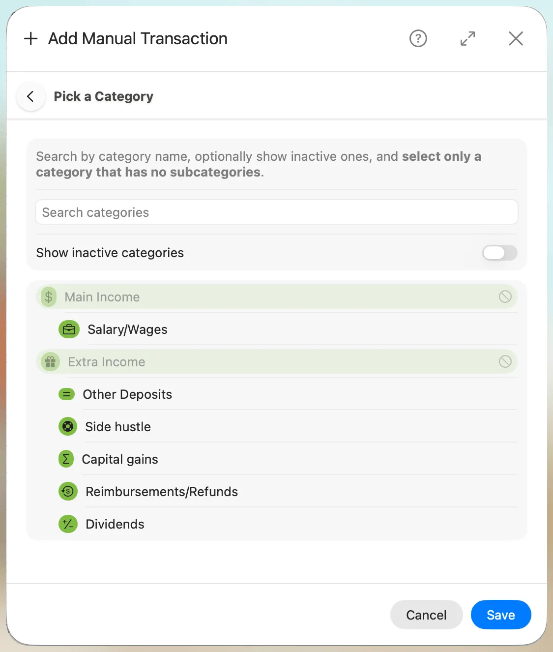 Add Manual Transaction General Tab - Pick a Category