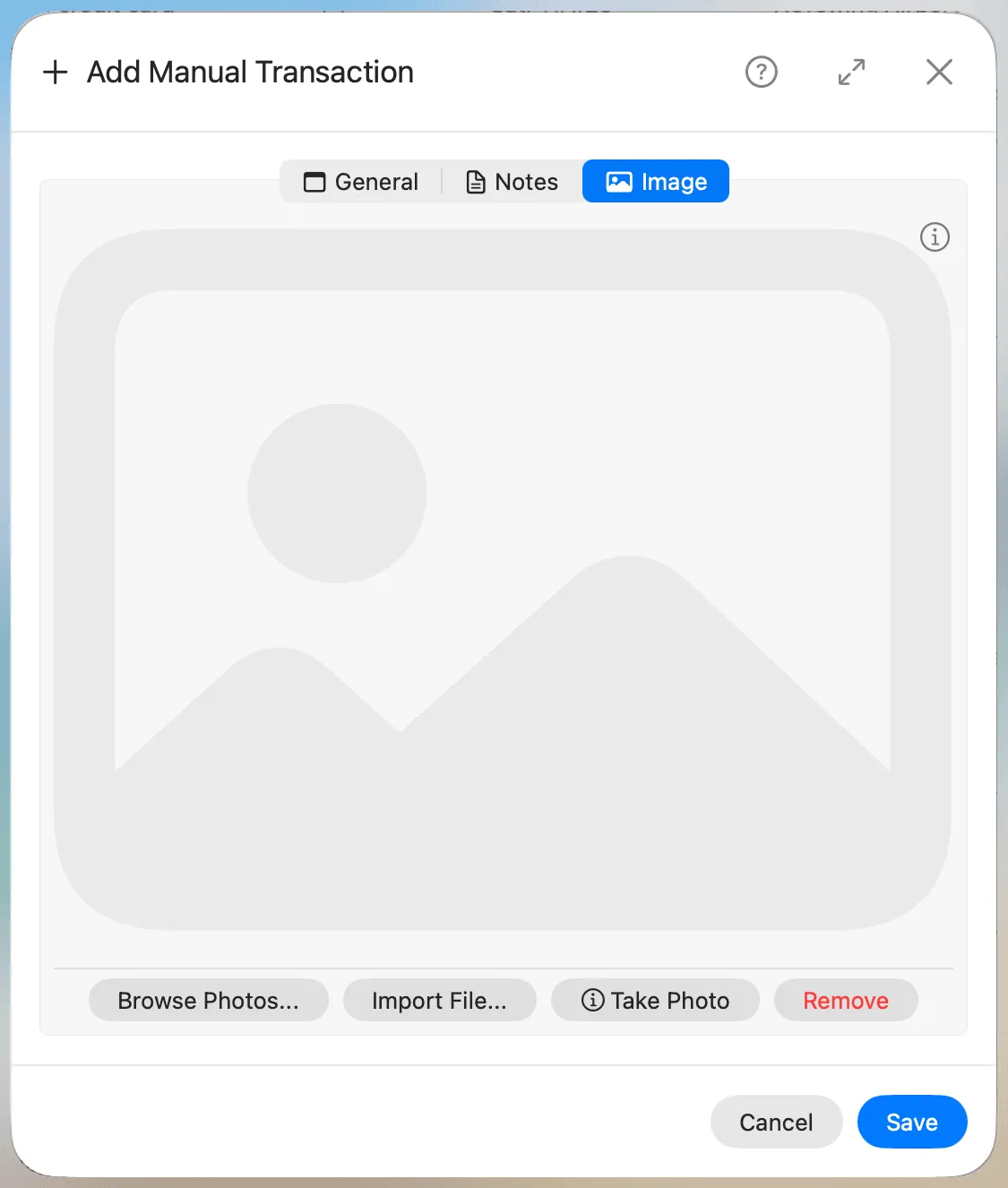 Add Manual Transaction Image Tab
