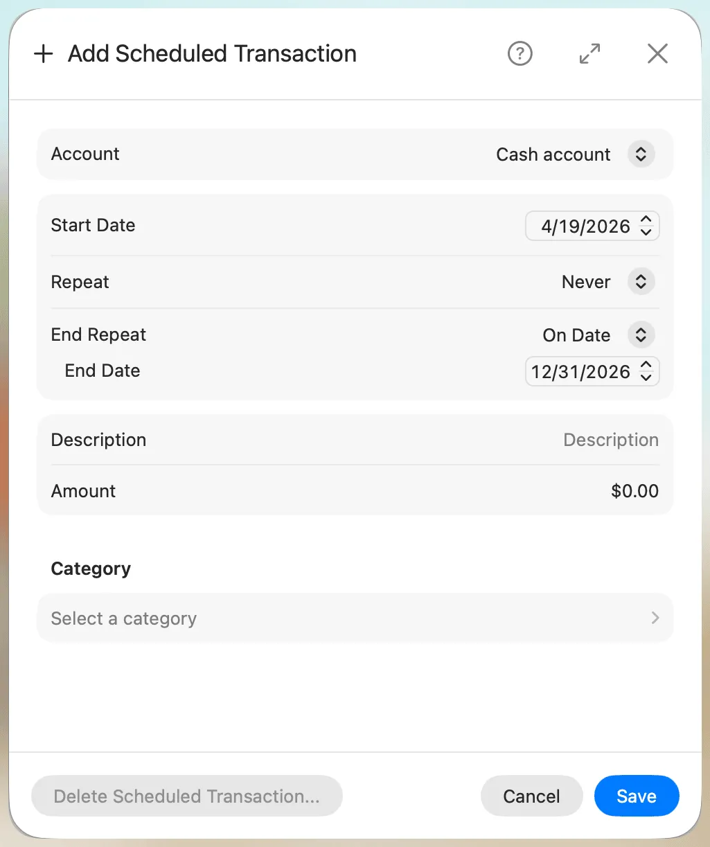 Add Scheduled Transaction