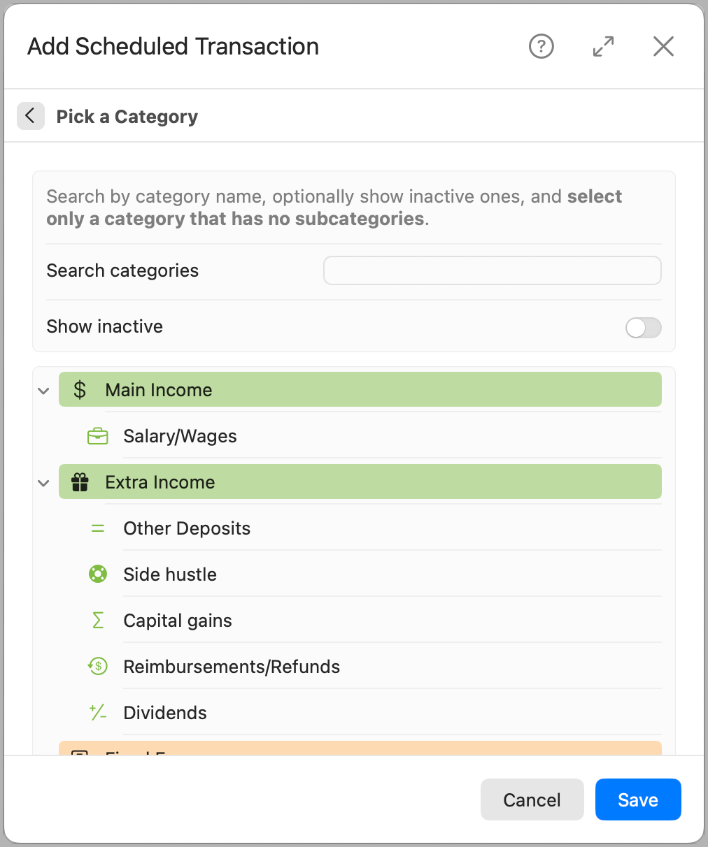 Add Scheduled Transaction - Pick a category