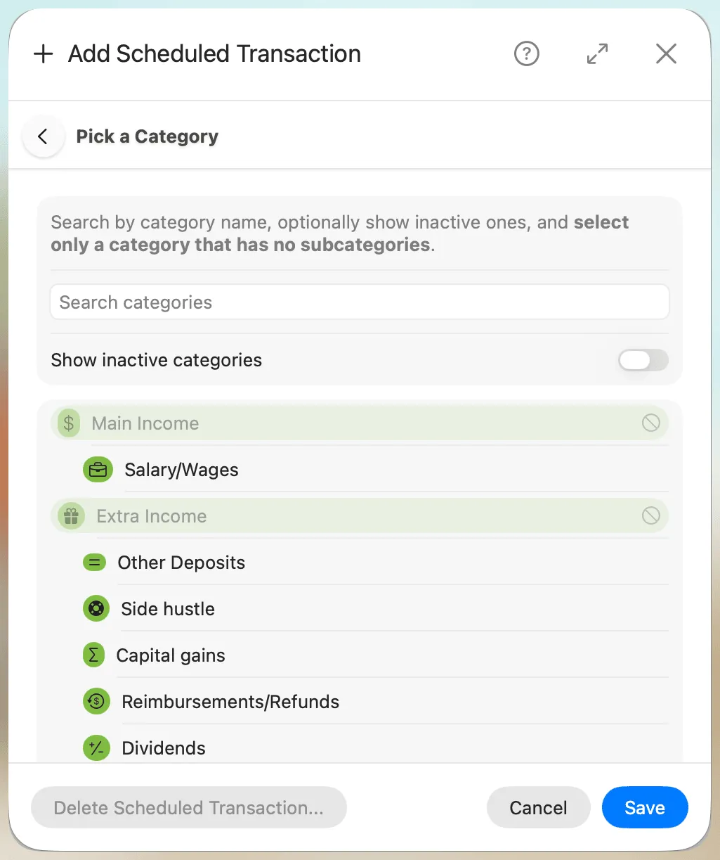 Add Scheduled Transaction - Pick a category