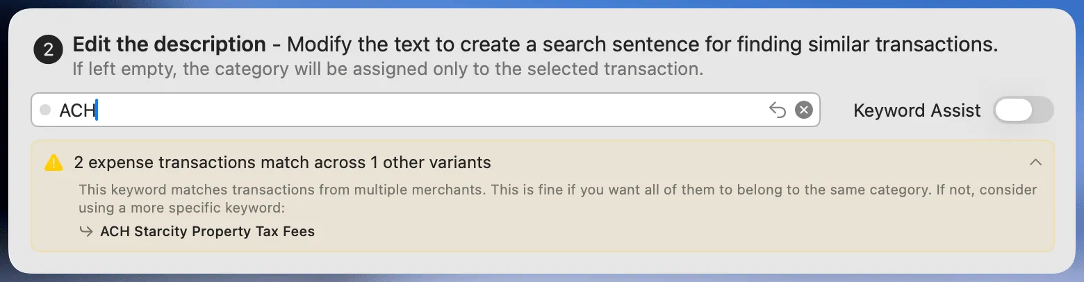 Broad keyword warning in the dialog with Keyword Assist turned off