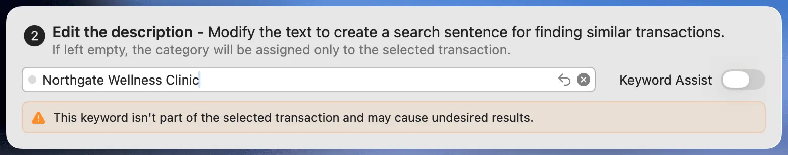 Keyword mismatch warning shown in the dialog with Keyword Assist turned off