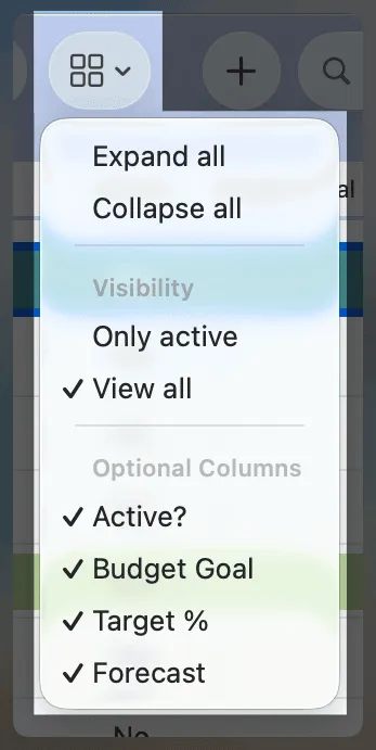 Categories View Menu