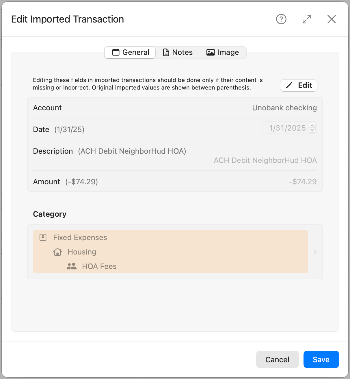 Edit Imported Transaction General Tab