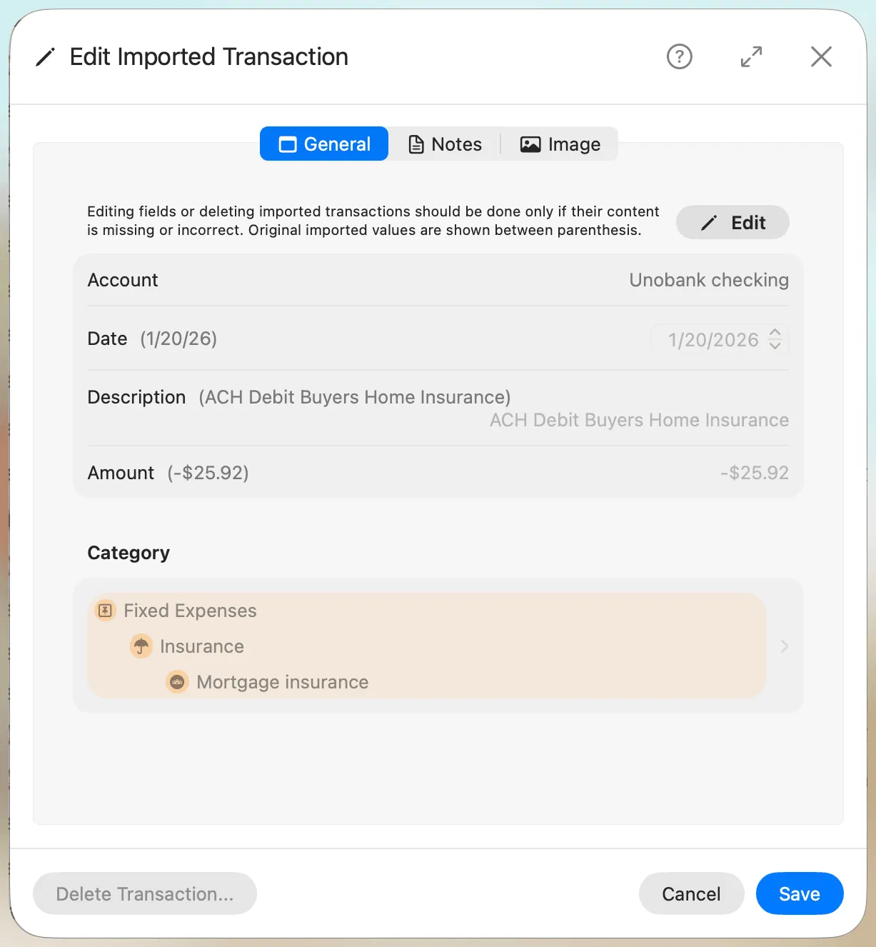 Edit Imported Transaction General Tab