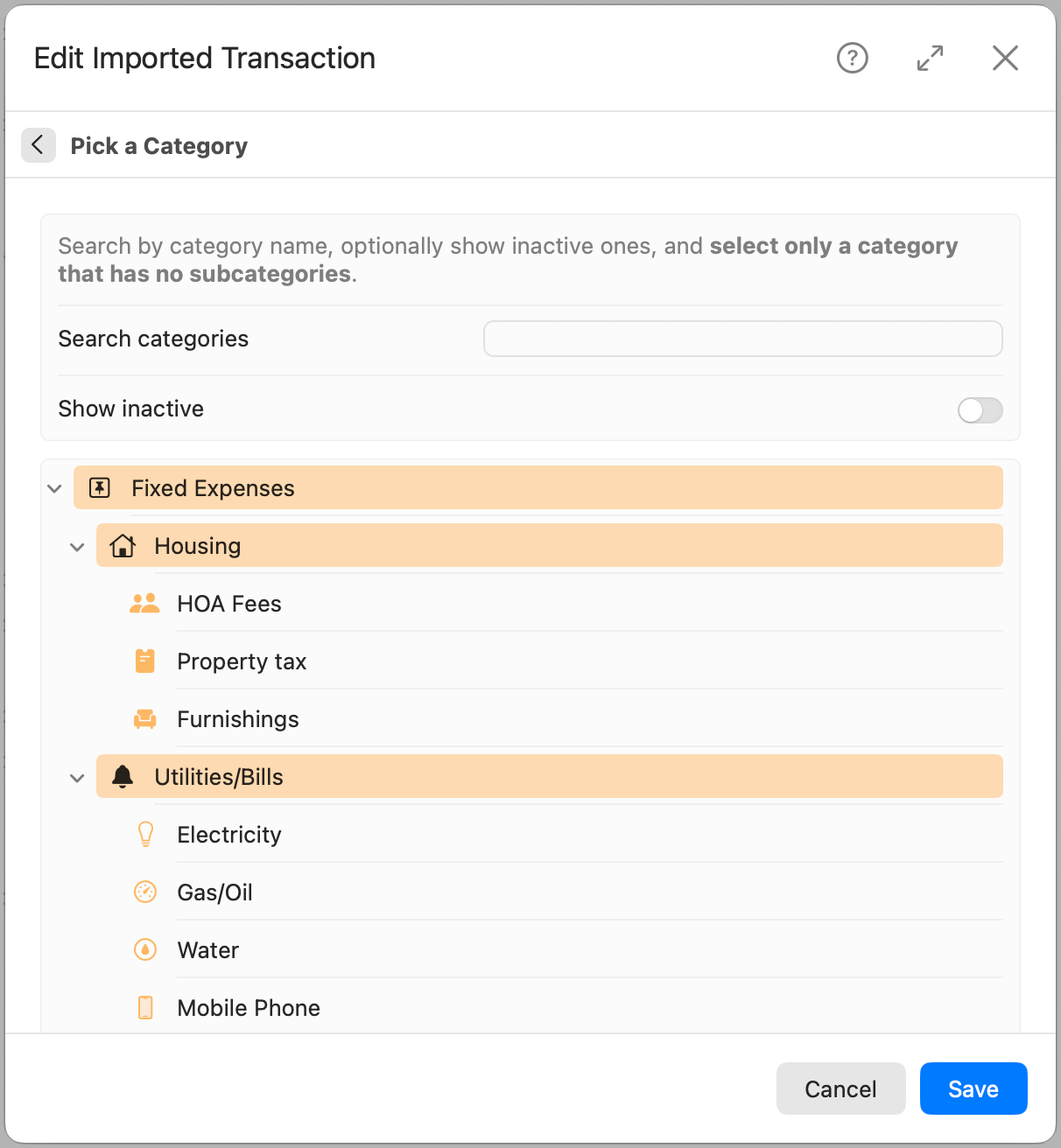Edit Imported Transaction General Tab - Pick a category