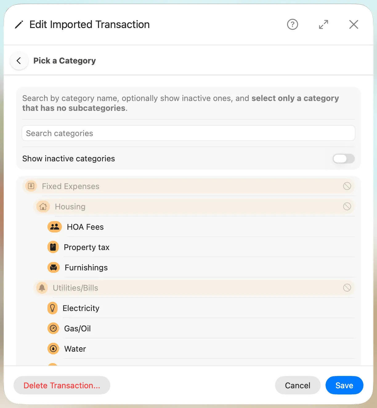 Edit Imported Transaction General Tab - Pick a category