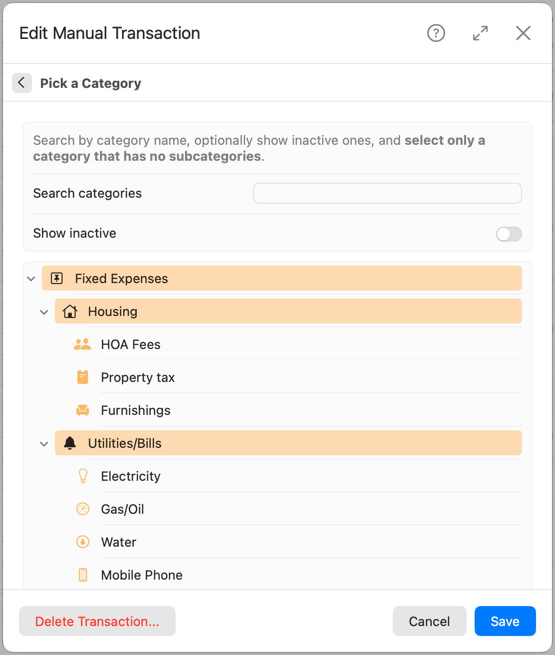 Edit Manual Transaction - Pick a category