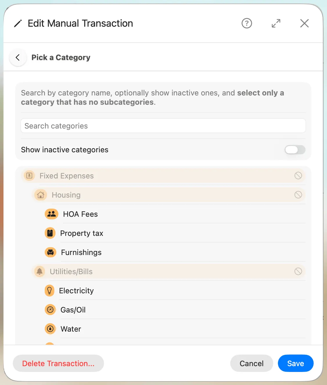 Edit Manual Transaction - Pick a category