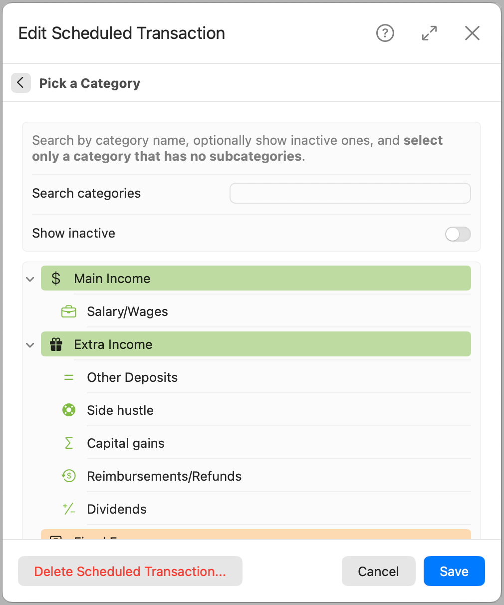 Edit Scheduled Transaction - Pick a category