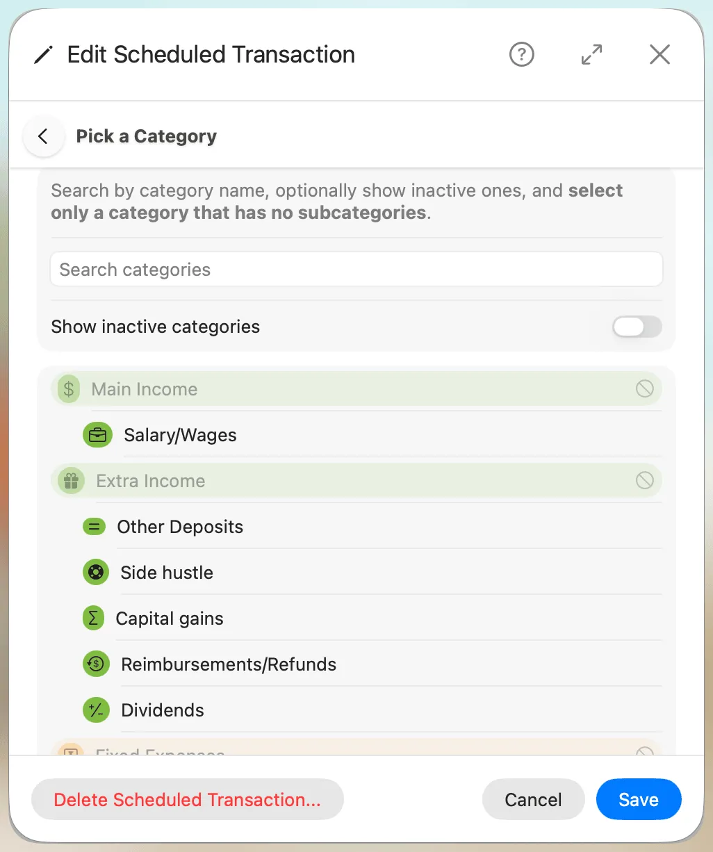 Edit Scheduled Transaction - Pick a category