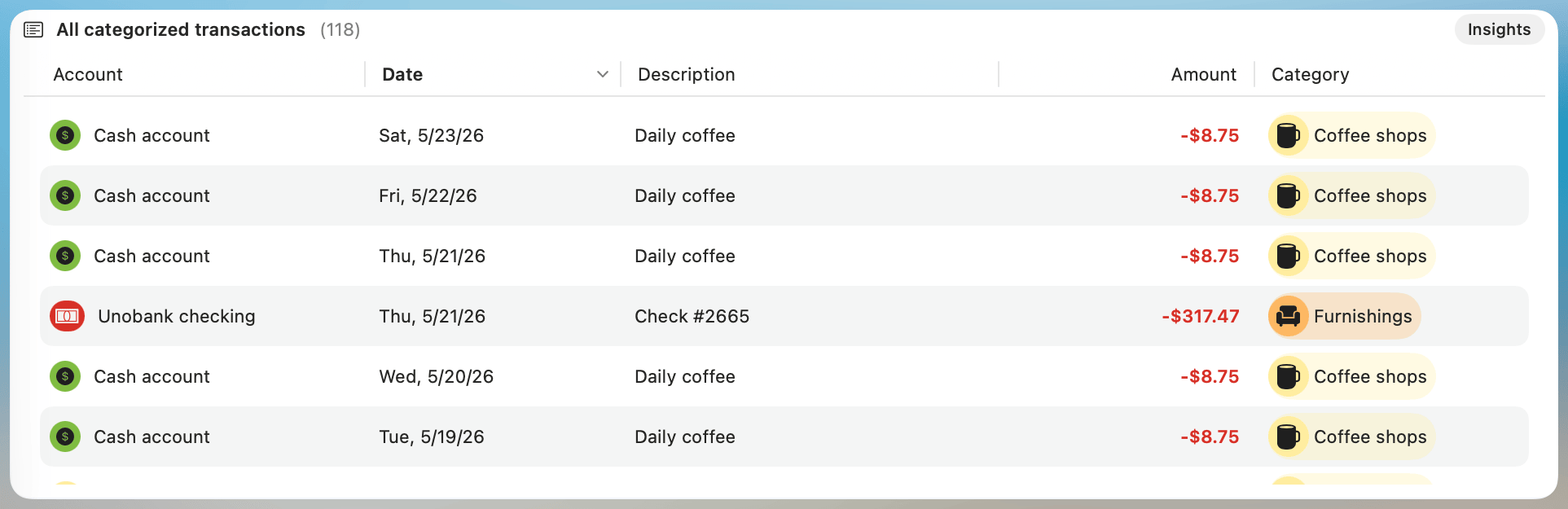 New Transactions Widget
