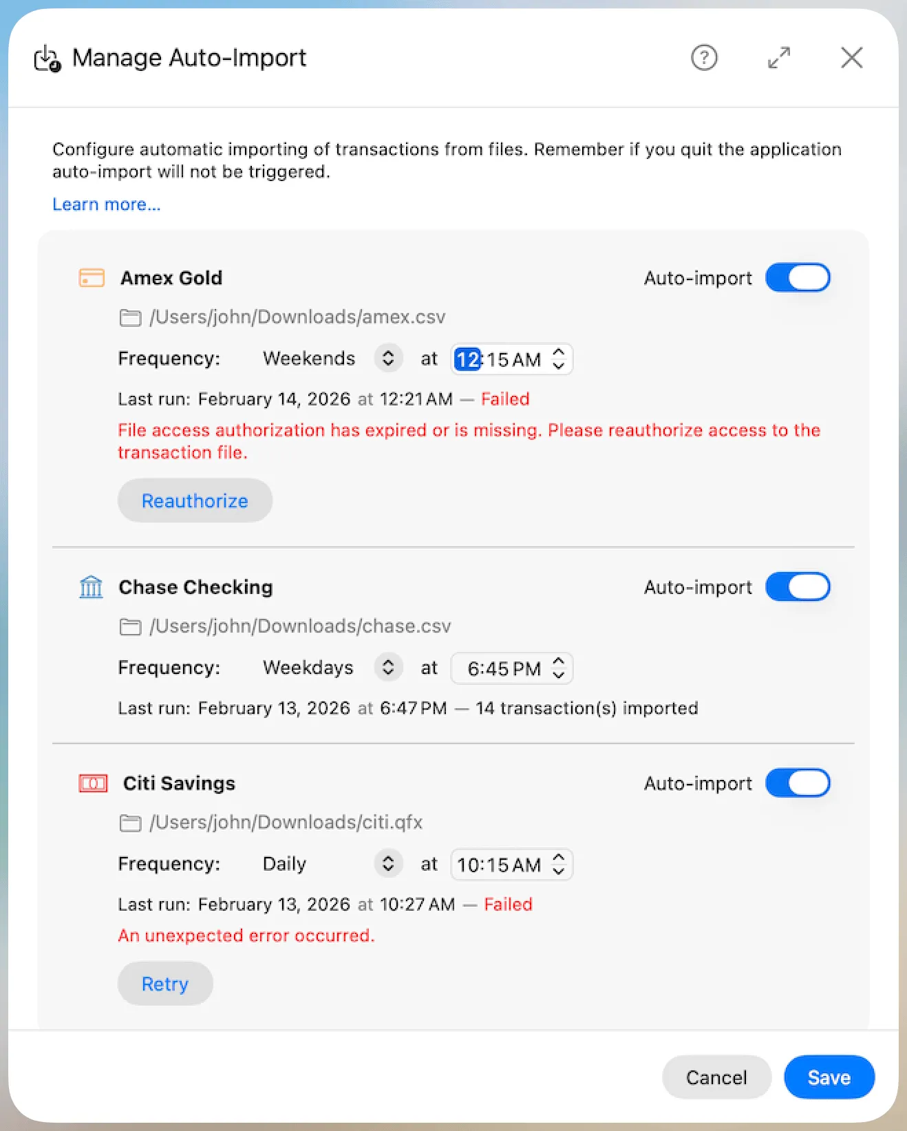Manage Auto-Import - Last Run Statuses