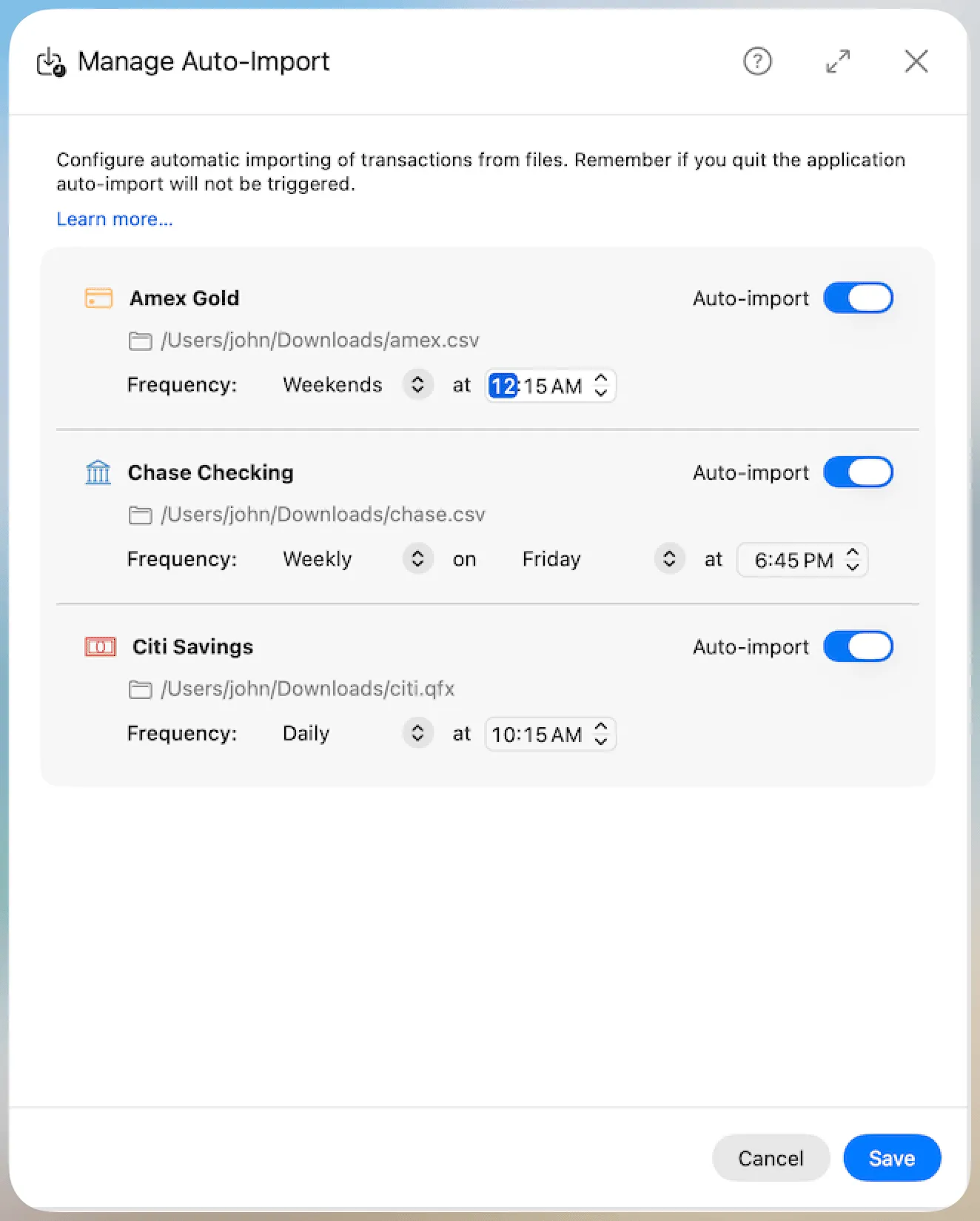 Manage Auto-Import - Accounts Configured