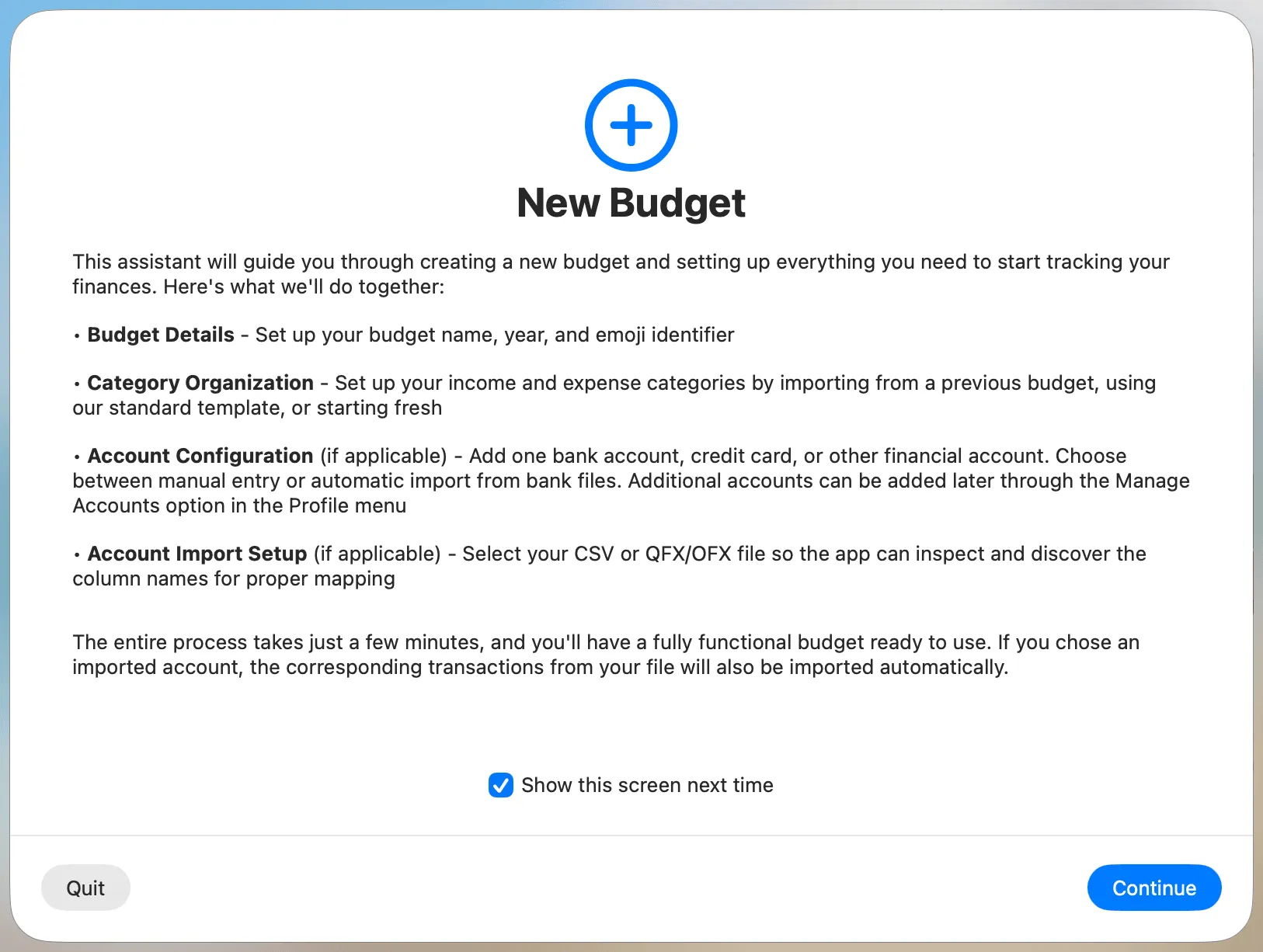 New Budget Assistant Welcome Screen
