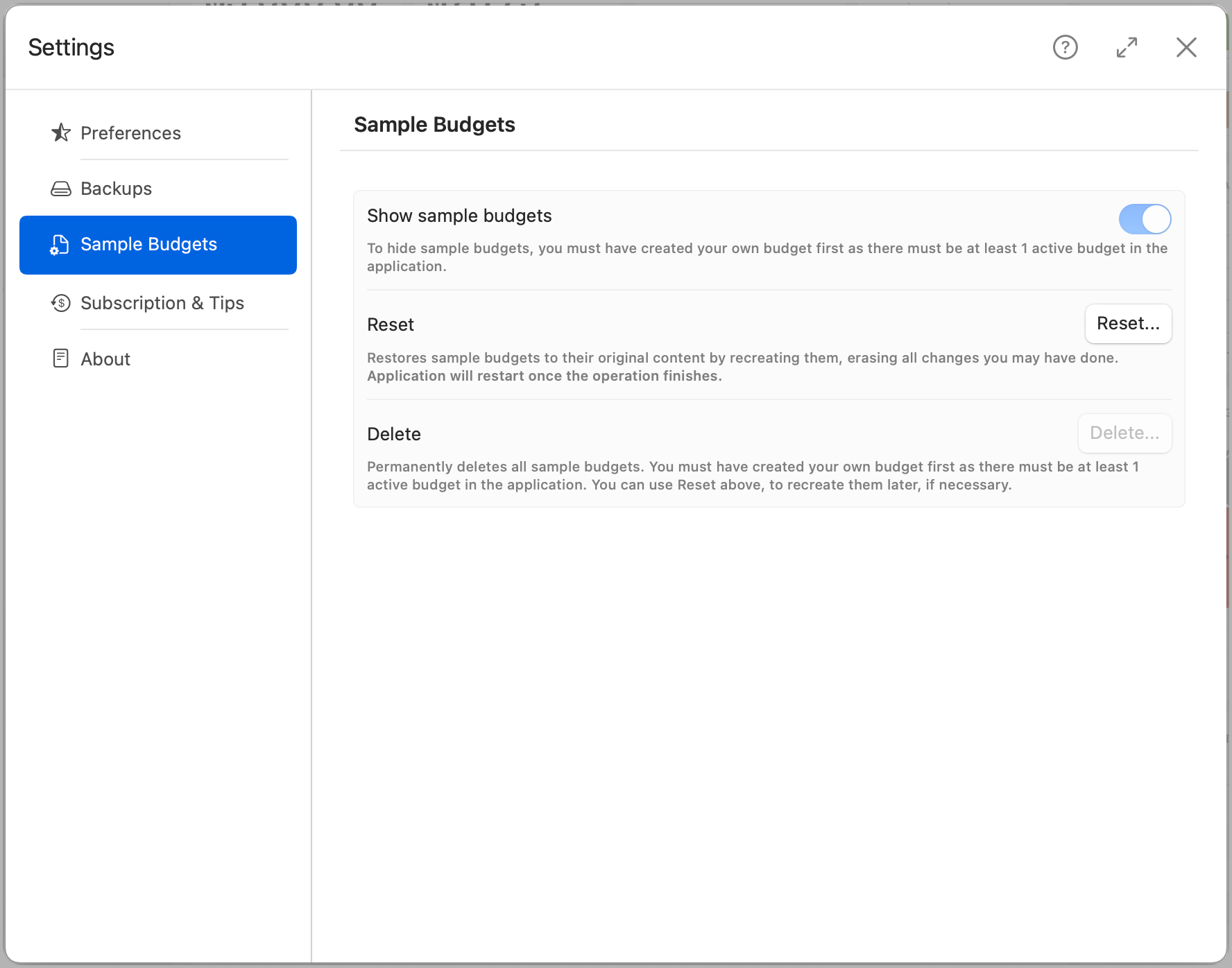 Settings Sample Budgets