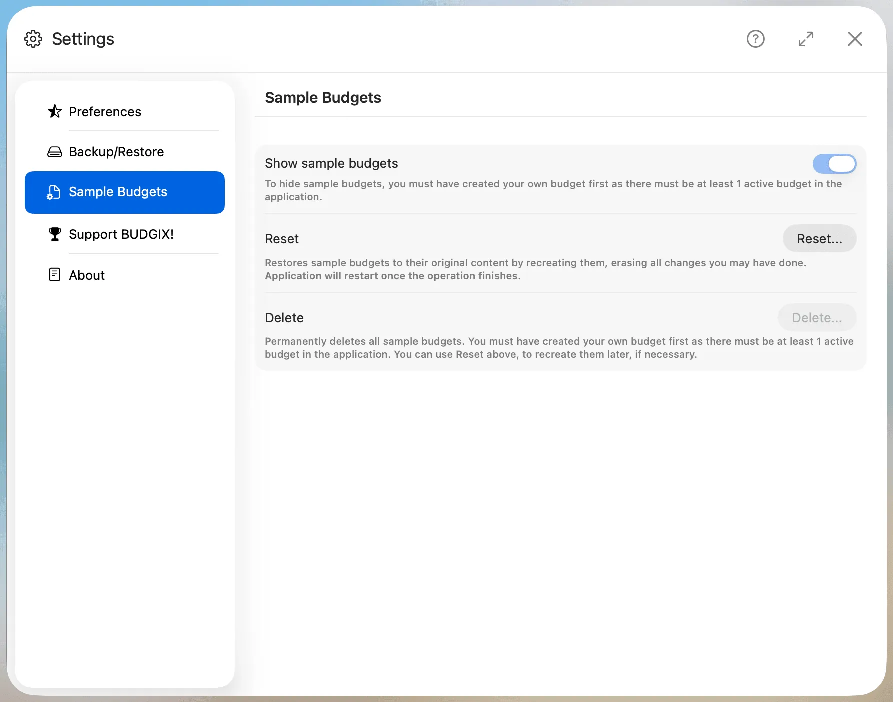 Settings Sample Budgets