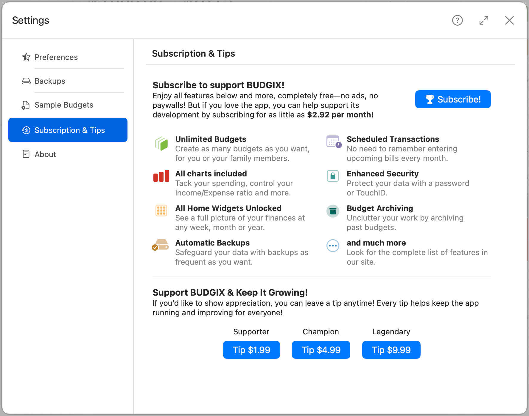 Settings Subscription
