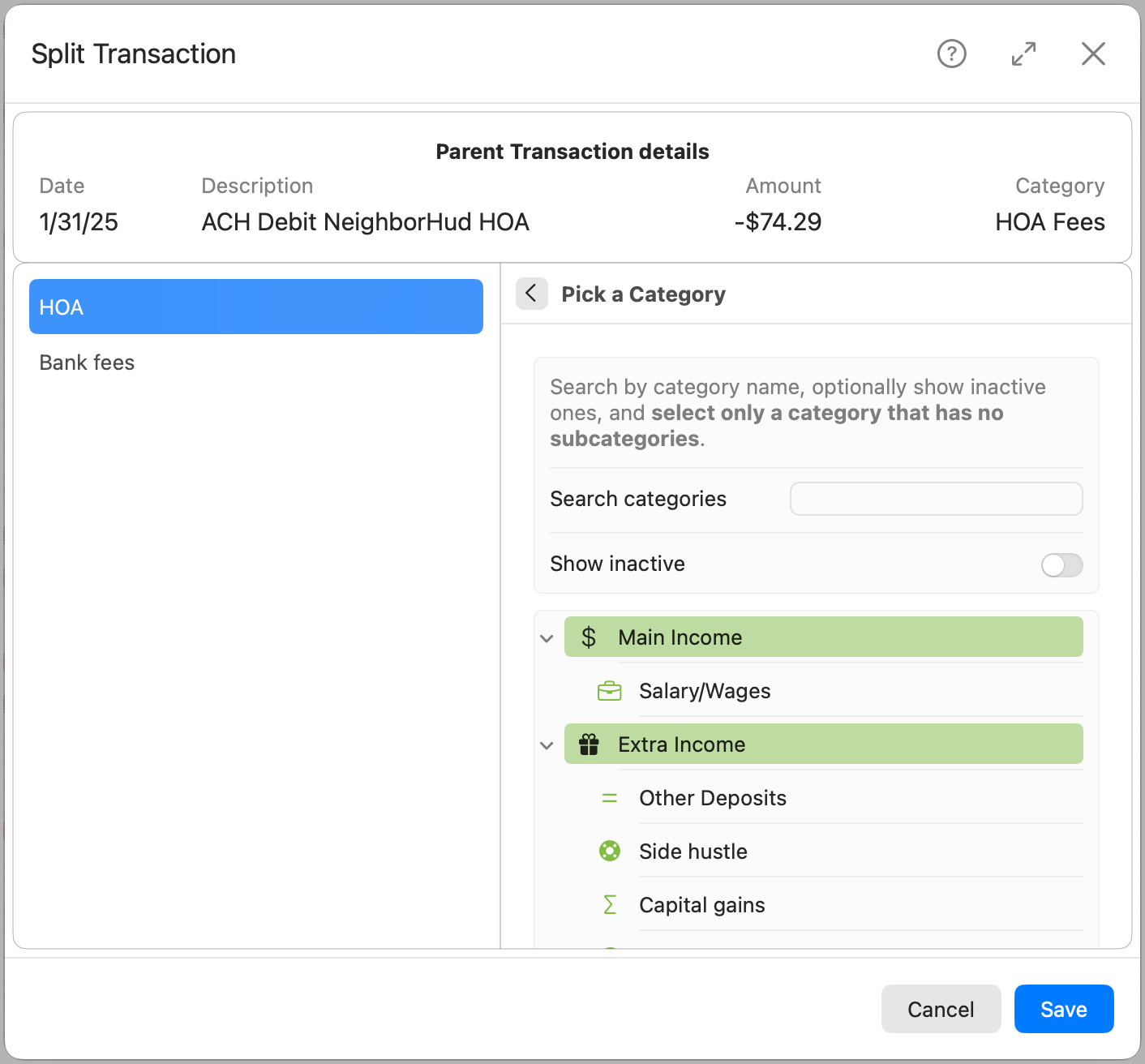 Split Transaction - Pick a category