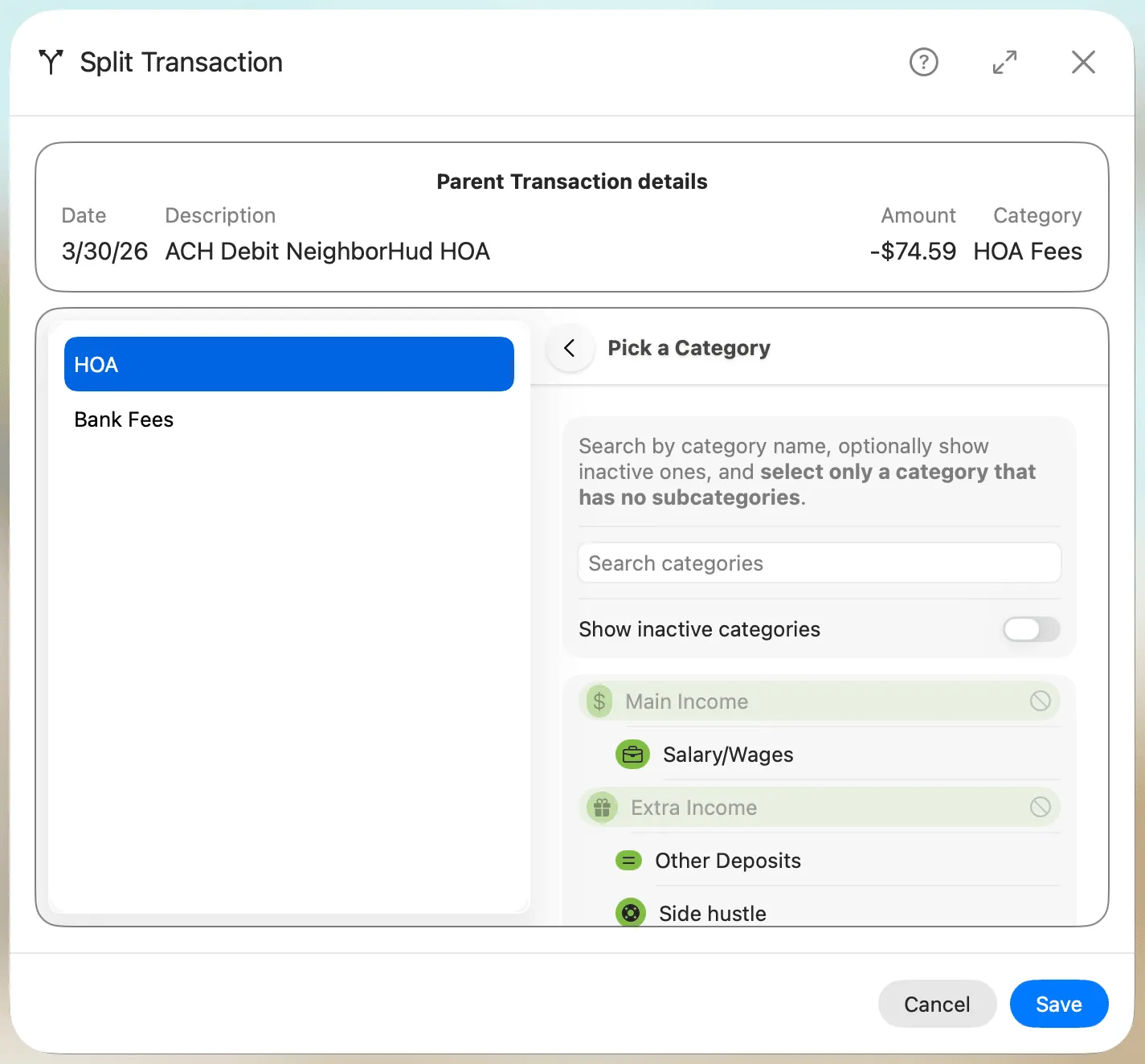 Split Transaction - Pick a category