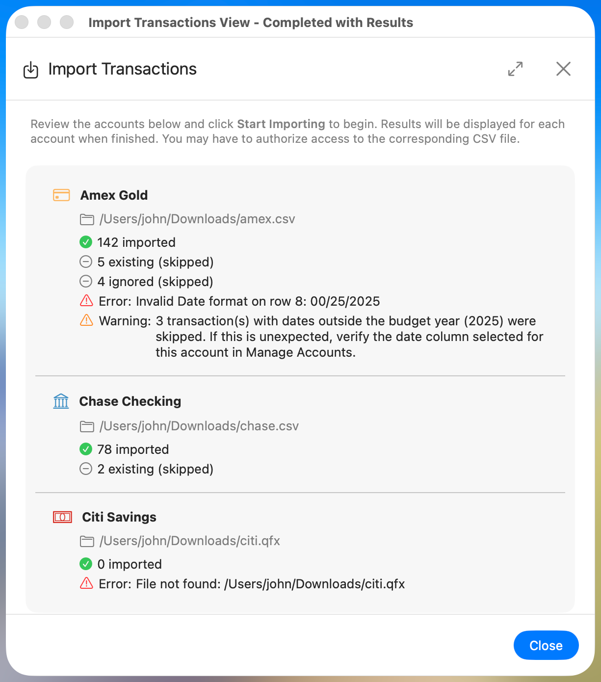Import dialog after import