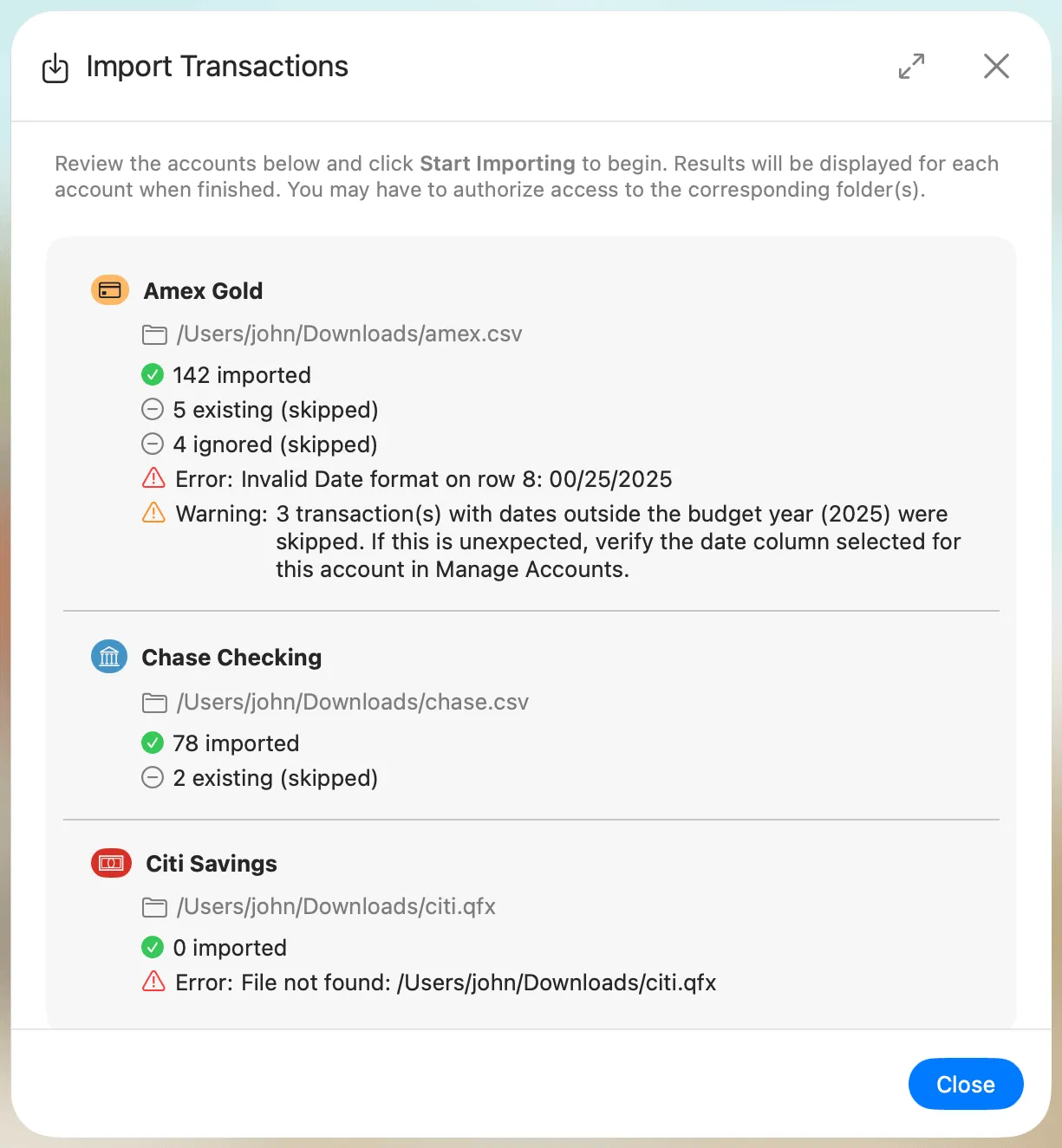 Import dialog after import