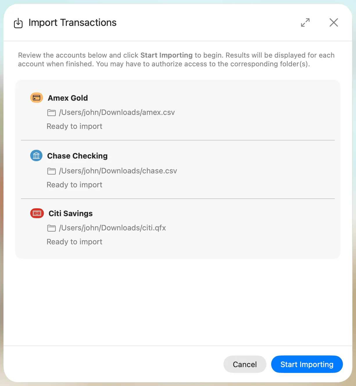 Import dialog before import