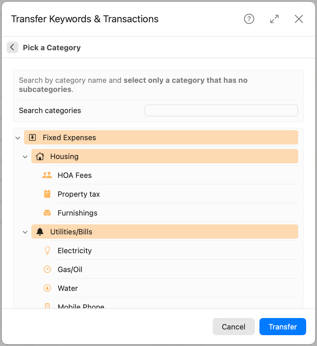 Transfer Keywords and Transactions - Pick a category