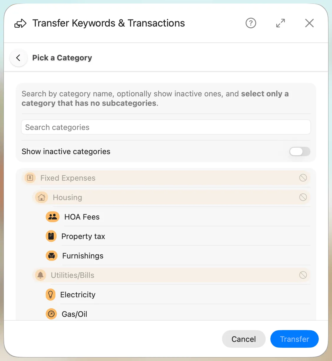 Transfer Keywords and Transactions - Pick a category