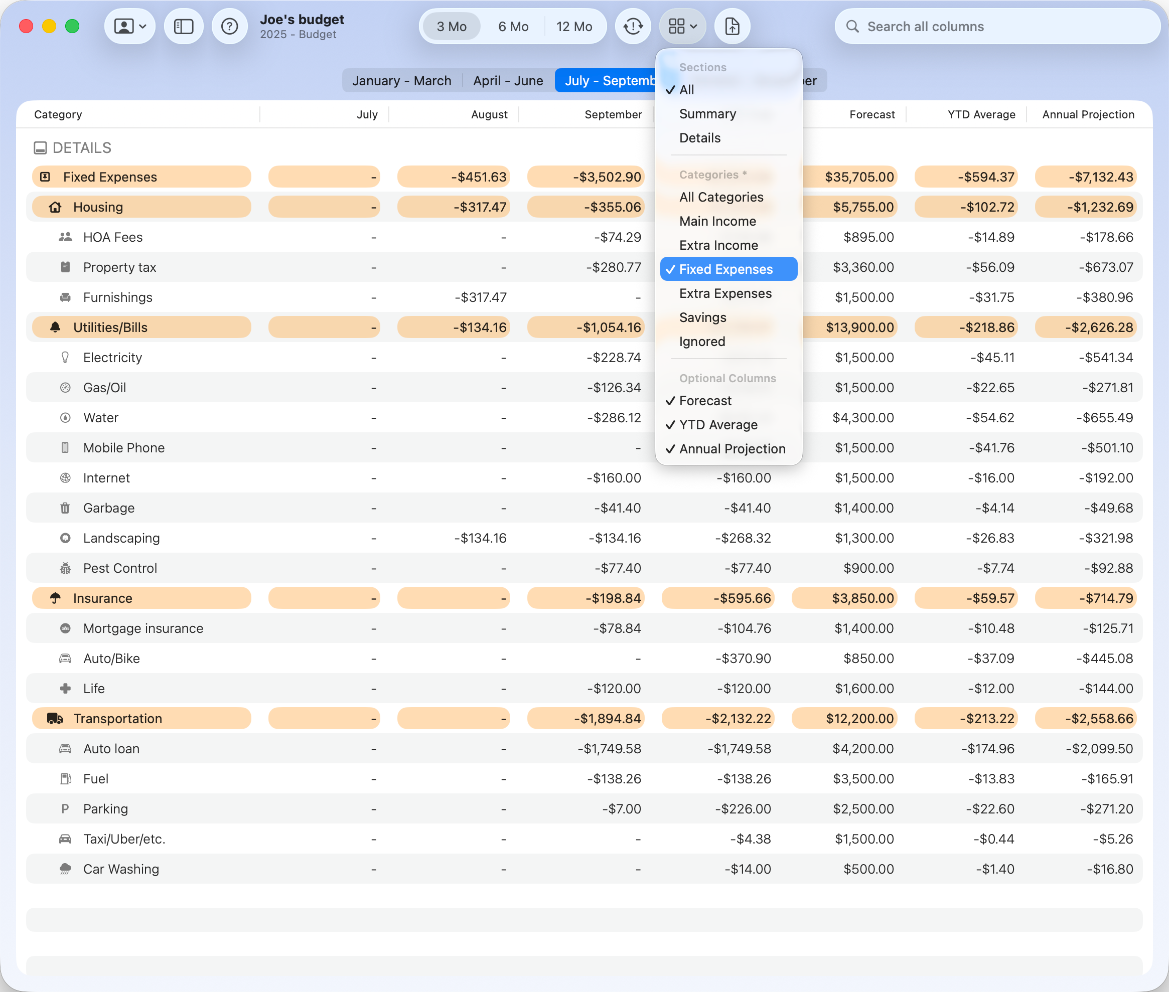 BUDGIX Budget Table Filters