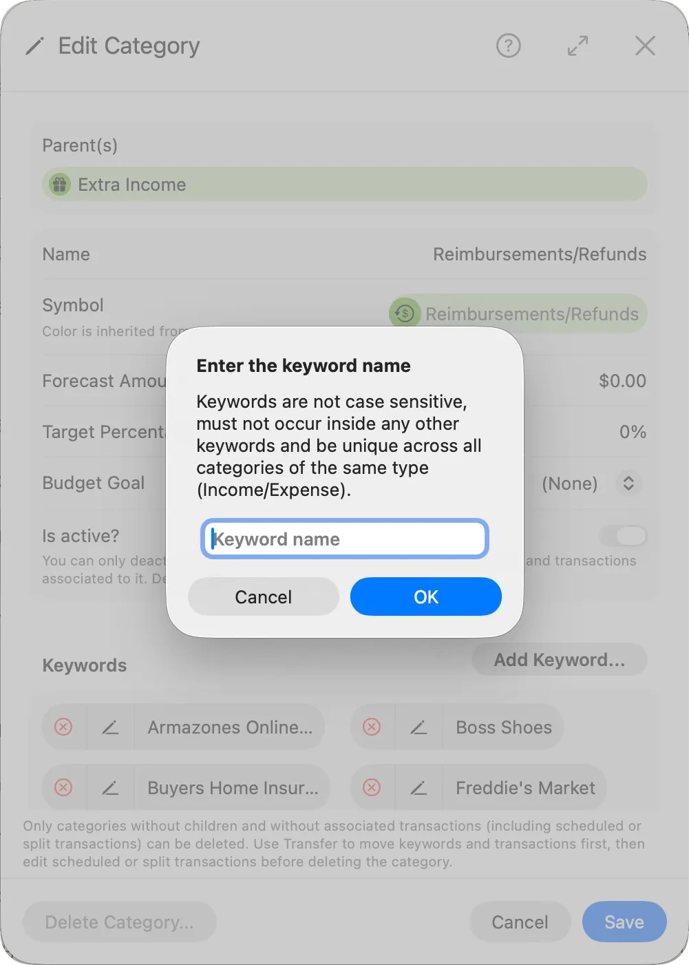 Edit category and add new keywords
