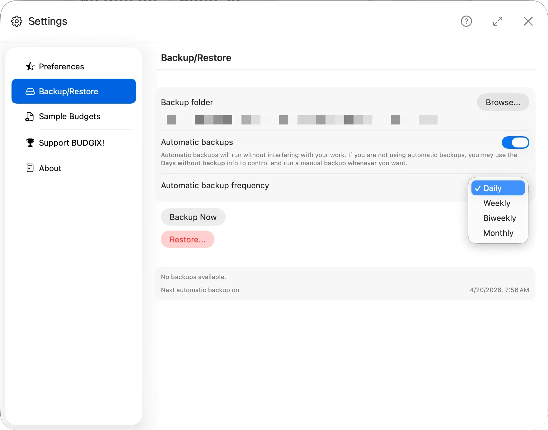 Budgix Backup settings