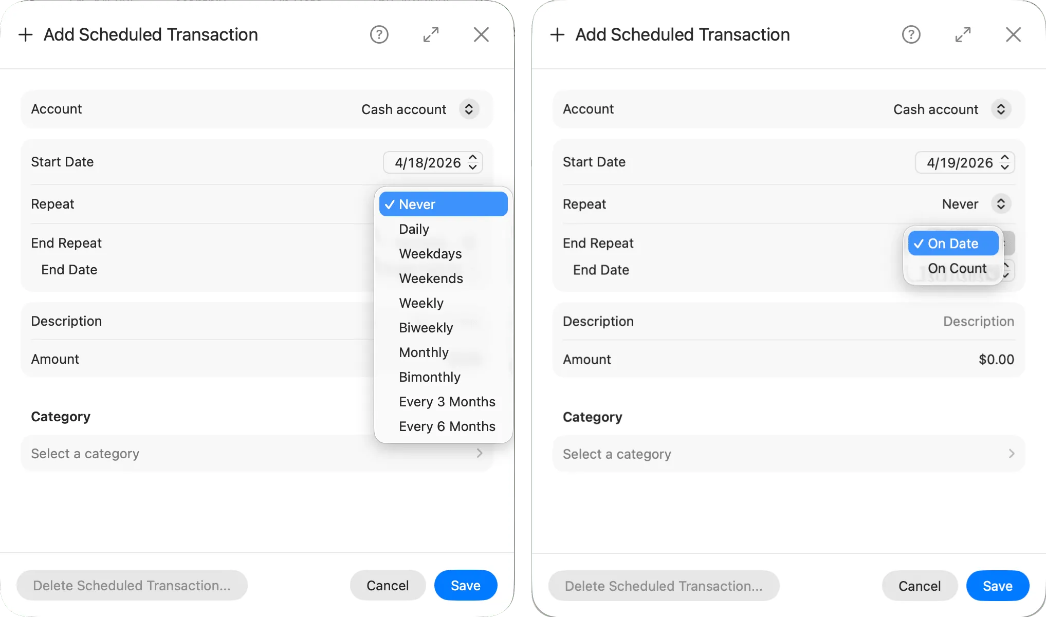 Add scheduled transaction form