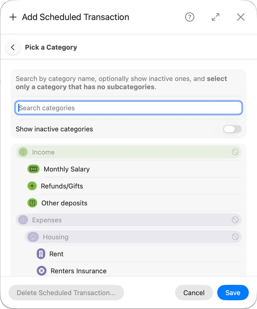 Scheduled transaction category selection
