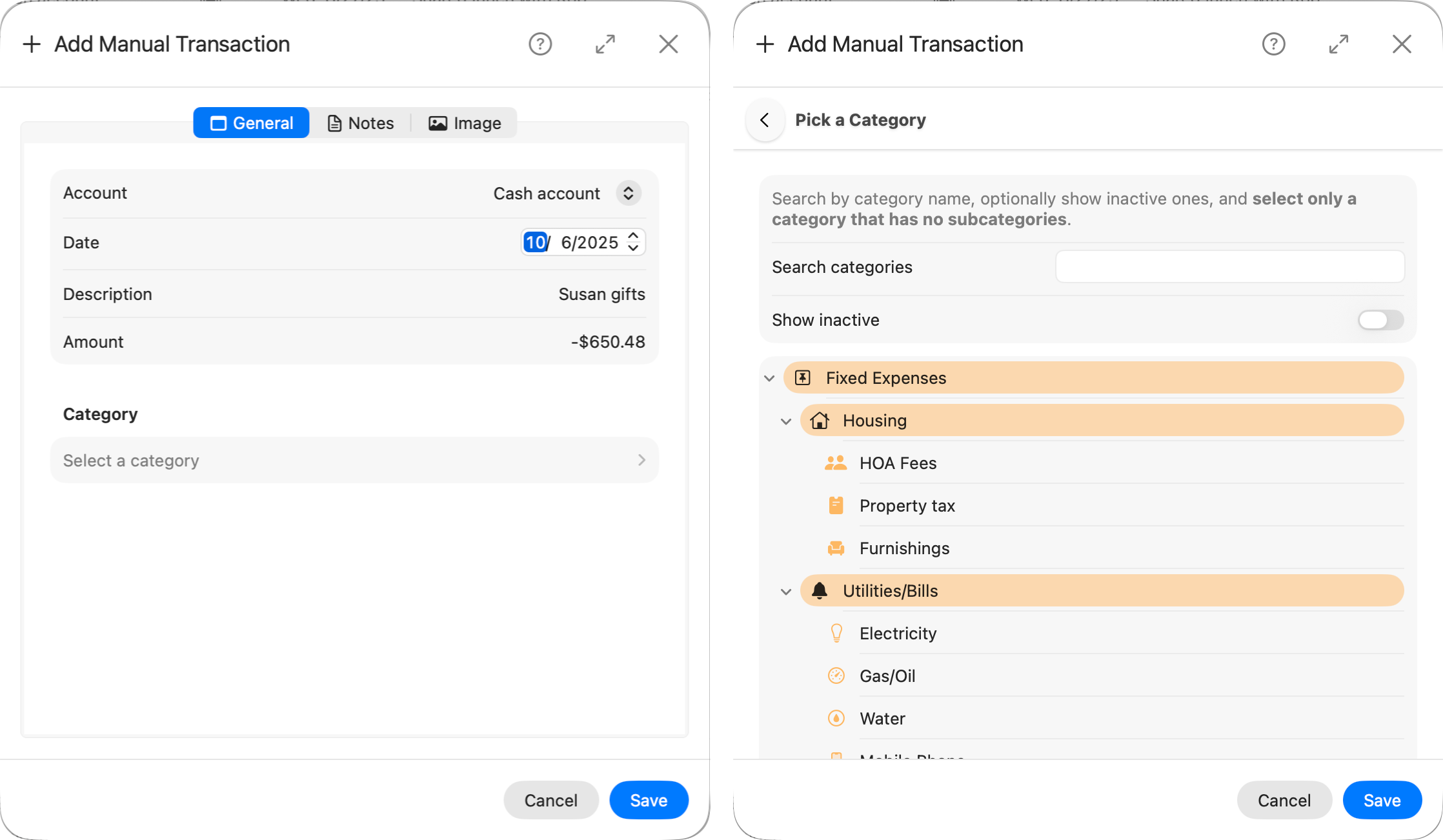Add transaction form and category picker