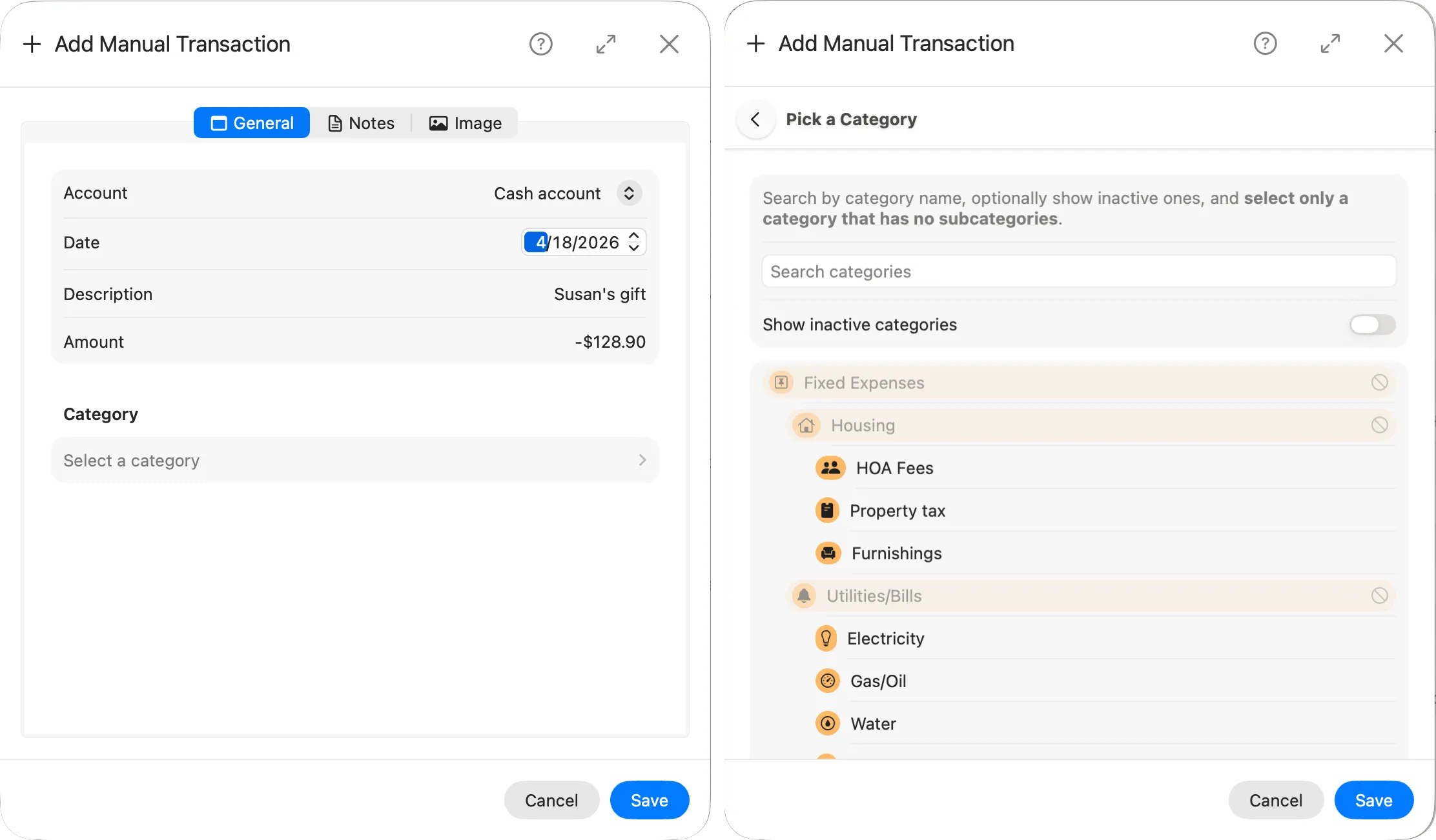 Add transaction form and category picker
