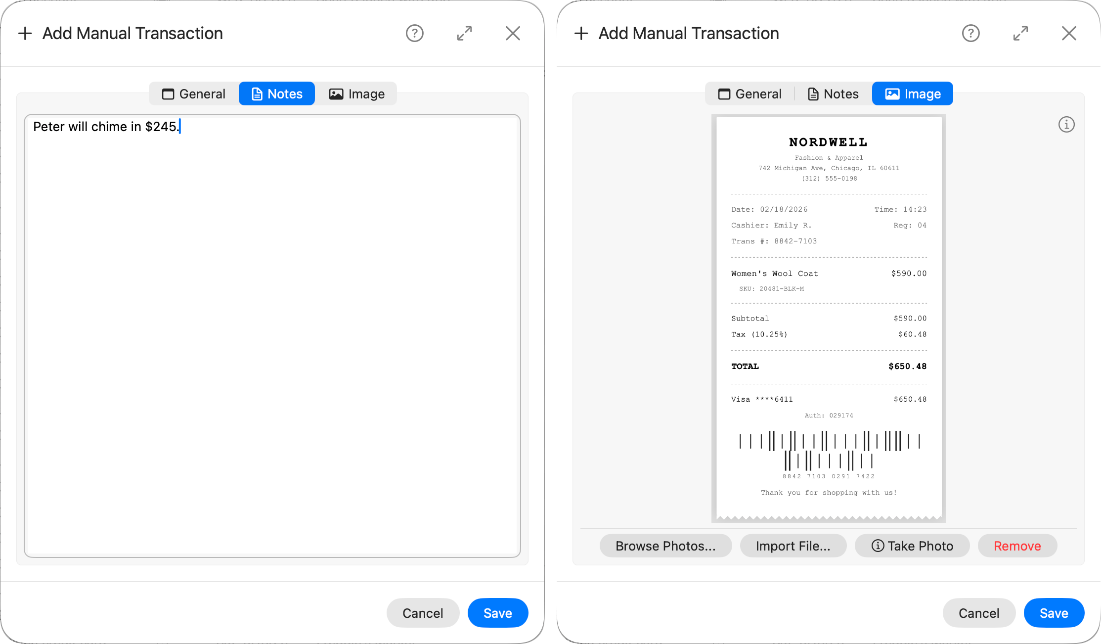 Transaction notes and image tab