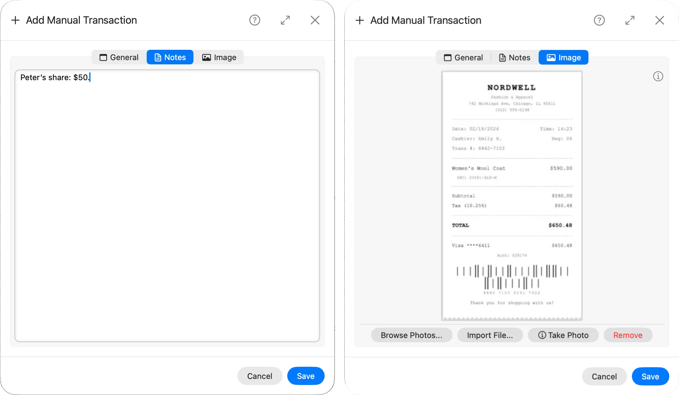 Transaction notes and image tab