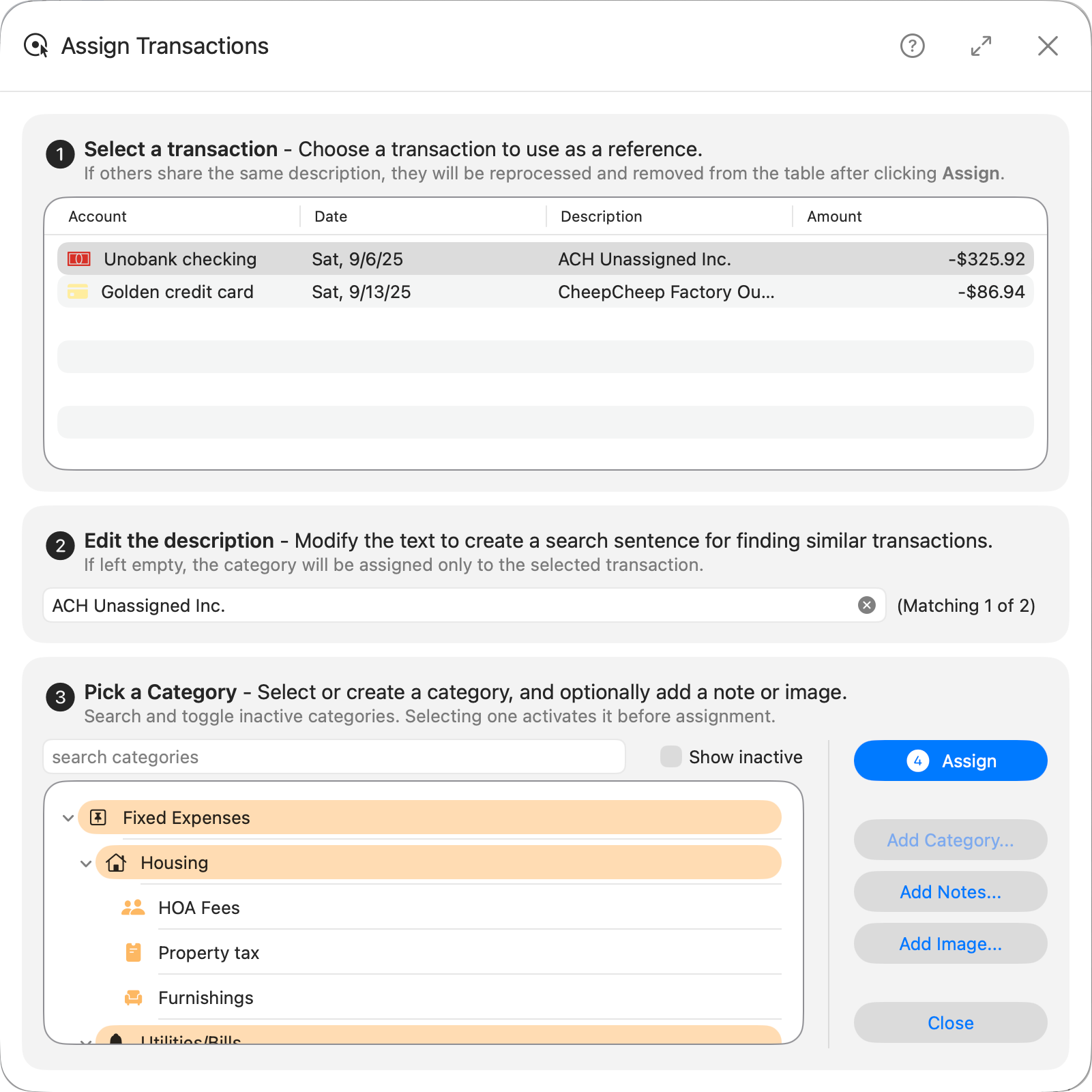 Assign categories form