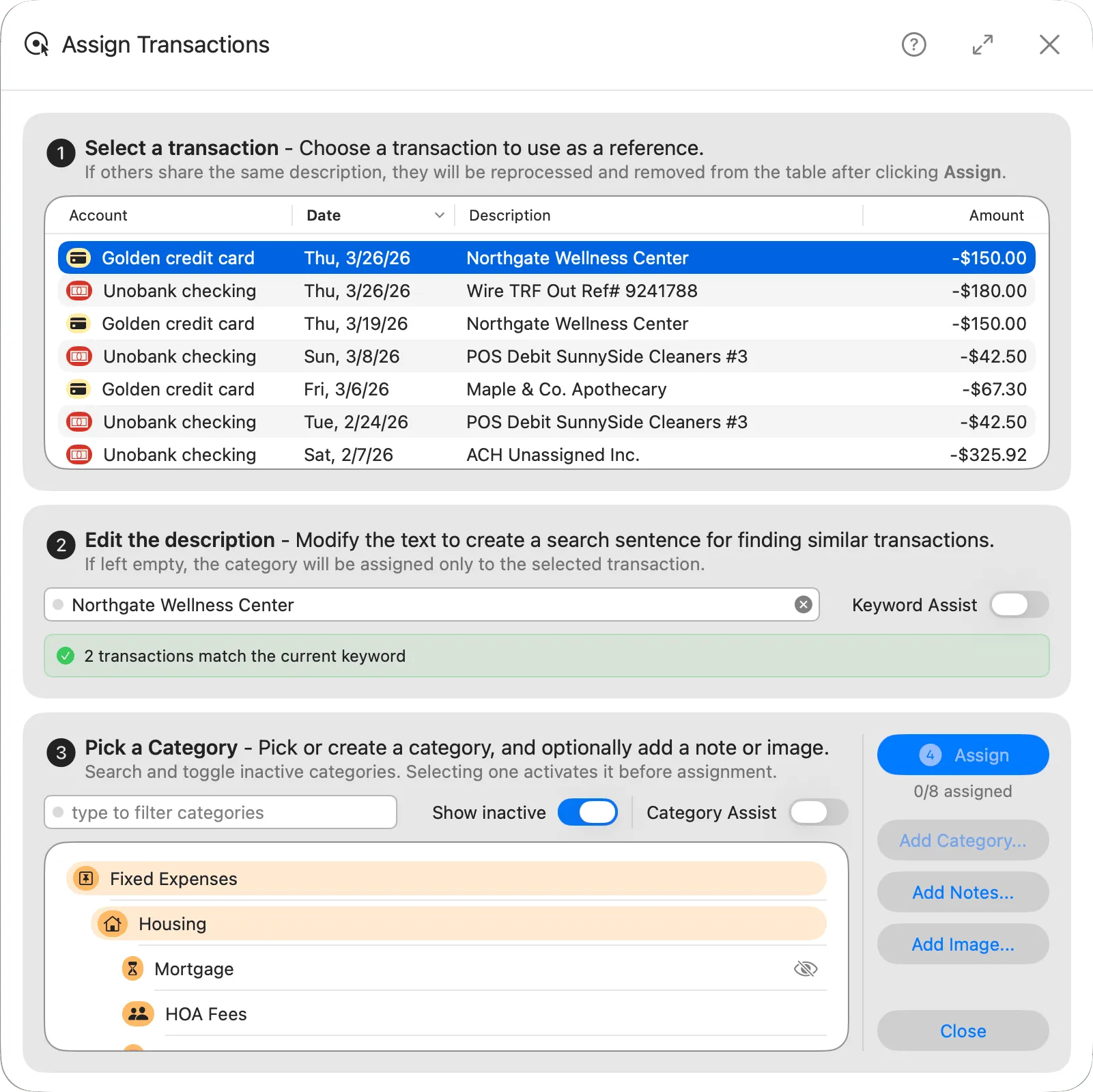 Assign categories form